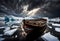 old abandoned wooden boat surrounded by floating ice in an arctic ocean landscape with a dramatic cloudy sky