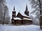 An old abandoned wooden church in the wilderness. Generative AI