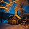 An old abandoned wooden church in the winter wilderness. Generative AI