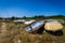 Old abandoned wrecked speed boat at ship or boat graveyard.