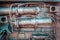 Old aircraft engine closeup with rusty decaying metal pipes and