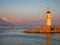 Old Alanya Deniz Feneri lighthouse in Alanya port at sunset. Popular tourist destination in Turkey. Summer travel