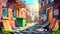The old alley street cartoon illustration. A grimey urban nyc alley with a dumpster near an empty road.