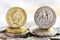 Old America quarter dollar coin and British one pound coin on a