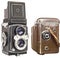 Old Analog Twin Lens Reflex Camera Without And in Brown Leather Casing Isolated On White Background
