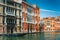 Old ancient facades of houses on Grand Canal, Venice, Italy. Vintage hotels and residential buildings in the Venice