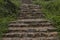 Old ancient stone stairs in nature. Steps among green grass, plants outdoors. Way and path up to temple