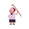 Old angry woman swearing and threatening with her walking-stick isolated on white background.