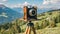 old antique bellows film camera on wooden tripod taking picture of landscape, outdoors photography, close up front side view of