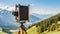 old antique bellows film camera on wooden tripod taking picture of landscape, outdoors photography, close up side view of camera