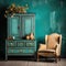 Old antique chair near turquoise wood retro cabinet with decorative vases. Vintage classic home interior design of living room