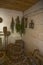 Old antique cottage interior with wooden retro household appliances