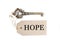 Old antique key with a label and the word hope isolated on white background with copy space