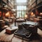 Old antique typewriter sits on wooden desk, ready to be used