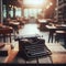 Old antique typewriter sits on wooden desk, ready to be used