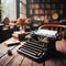 Old antique typewriter sits on wooden desk, ready to be used
