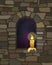 Old arched stone window in visigothic style and candle. vector