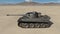 Old army tank, vintage armored military vehicle with gun and turret in desert environment, side view, 3D render