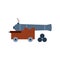 Old artillery cannon with cannonballs, flat vector illustration isolated.