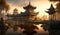 Old Asian temple ruins at sunset, ancient architecture and garden, generative AI