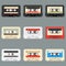 Old audio cassettes gray background. Collection of vector retro audio cassettes. Set of different colorful music tapes.