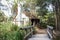 Old Australian wooden bush shack house with corrugated iron roof, wooden bridge leading to entrance surrounded by eucalyptus gum t