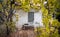 Old baby bed against abandoned traditional house framed with autumn grapevine