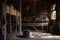 old barn with cowboy hat and rope hanging on wooden beam above stall