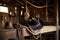 old barn with cowboy hat and rope hanging on wooden beam above stall