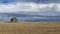 Old barn on the empty field after harvesting in sunny day.