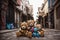 Old and battered soft toys lie on the street. The dump of the abandoned toys. Generative AI.