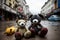 Old and battered soft toys lie on the street. The dump of the abandoned toys. Generative AI.