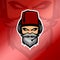 Old beard man esport logo with headset and red fez hat in glossy red gradient background