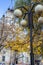 An old beautiful church behind autumn tree. Religious architecture of Russia.