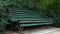 Old bench with peeling paint in a natural park.