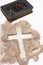 Old Bible, rosary and Cross of ash on white background - Ash Wednesday