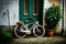 Old bicycle with flowers in front of a door vegetated with ivy Ai generated