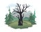 An old black dying tree in a forest clearing. Forest and mountain landscape in the background. Vector illustration