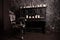 Old black vintage piano with white candles and retro chair. nobody