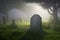 Old blank burial stone stands out against a foggy backdrop of graves, trees, and dewy grass, capturing the mystery of a nocturnal