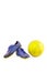Old blue futsal shoes old yellow futsal ball on white background football object isolated