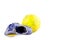 Old blue futsal shoes old yellow futsal ball on white background football object isolated