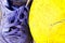 Old blue futsal shoes old yellow futsal ball on white background football object isolated