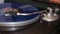 old blue vinyl record with clipping path. DJ Turntable with Vinyl Record  Playing  Top View.