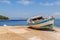 Old blue wooden shabby fishing boat