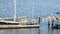 Old boats floating in the water with a metal dock