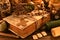 Old book with four-leaf clover, candles, herbs and runes on witch table