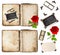 Old book, photo frameds and red rose flower. scrapbook elements