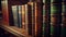 Old books close-up. Title of the book is printed on the spine. Tiled Bookshelf background