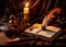 old books, scrolls, ink pen and inkwell on wooden table on brown background